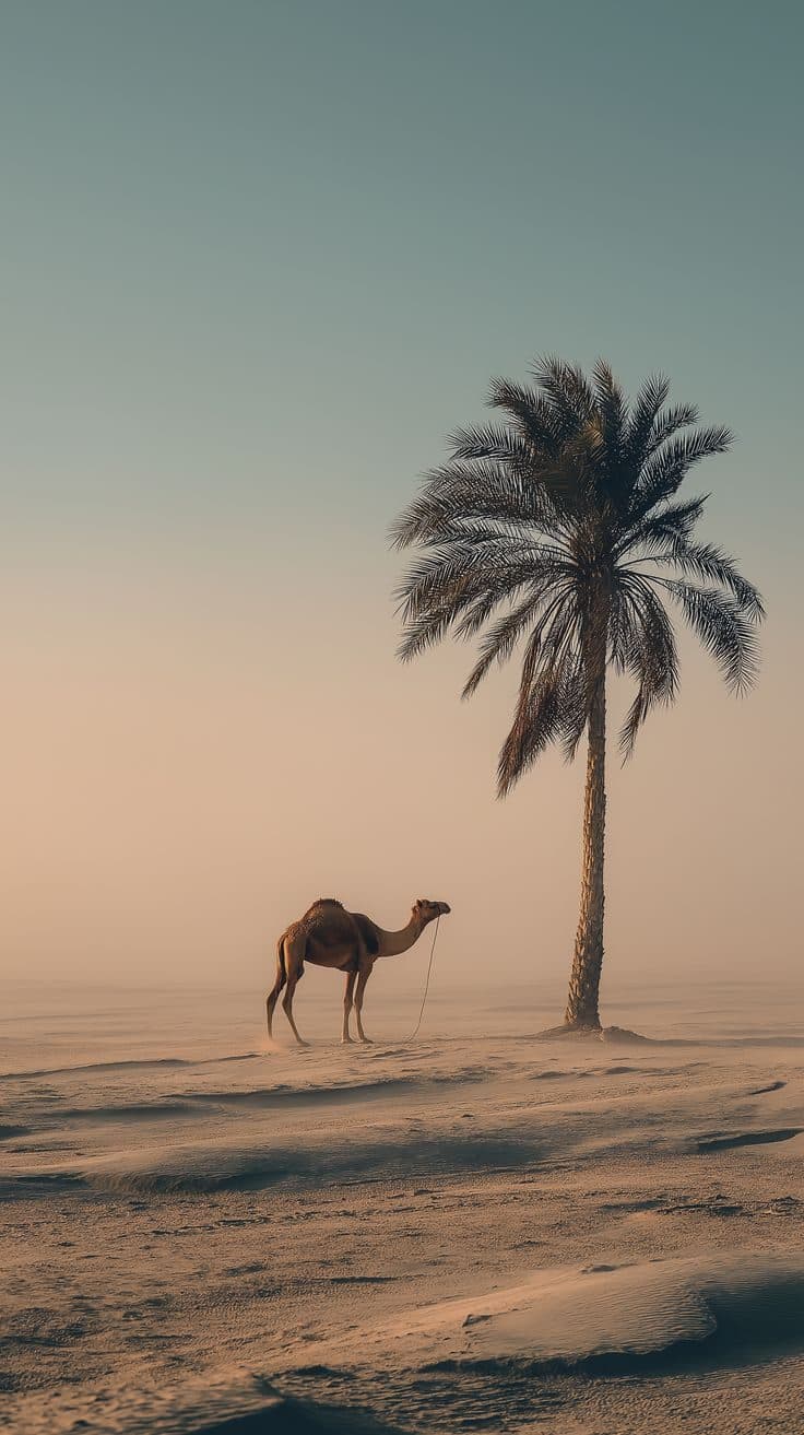 A camel standing beside a lone palm tree on desert sand at dusk.
